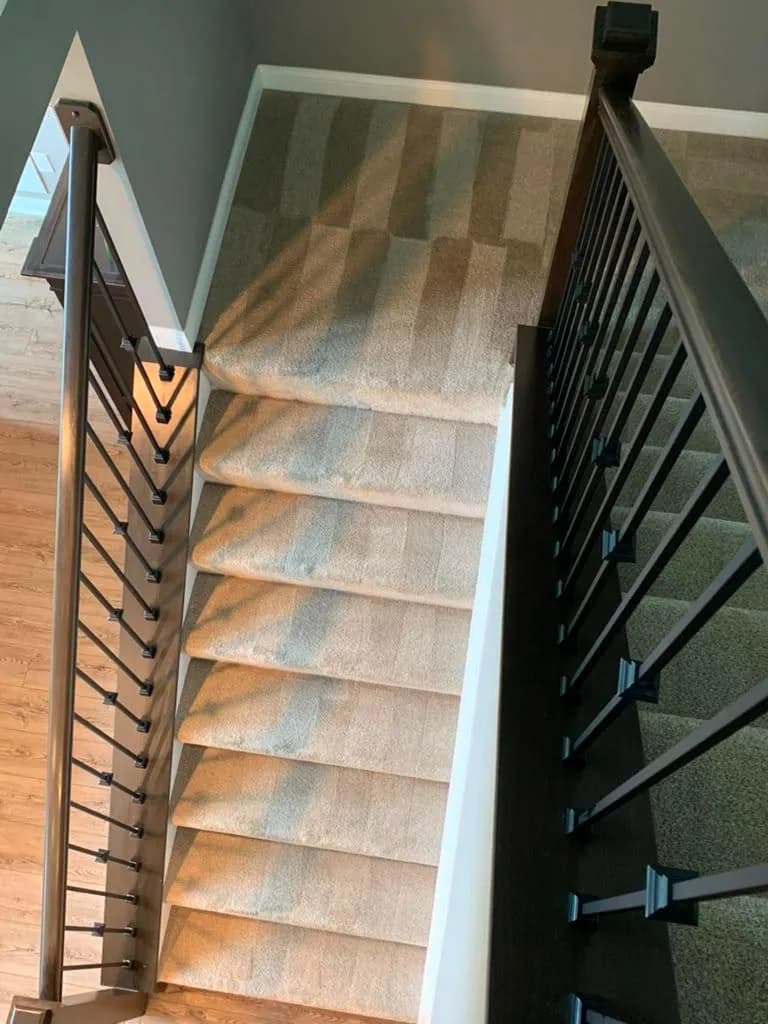 Staircase with cleaned carpet and hardwood floors below by Dolane Cleaning Services
